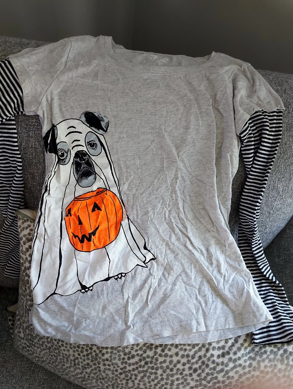 Old Navy Gray Dog Ghost Tee with Orange Pumpkin
